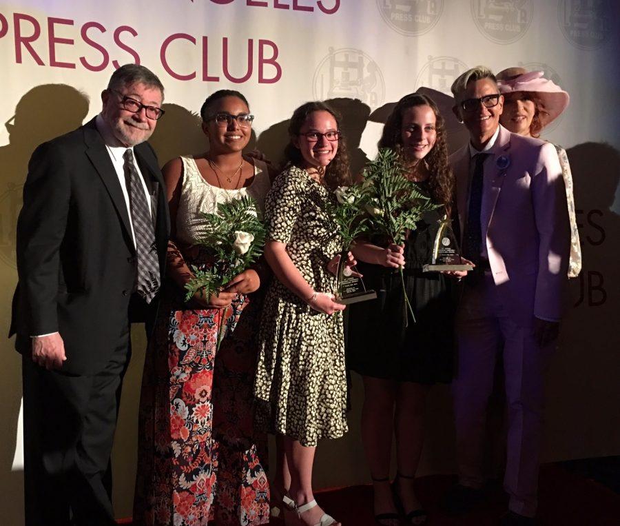 (From left to right) Judea Pearl, father of the slain journalist Daniel Pearl, Managing Editor Kyrah Hunter, Editor-in-chief Rebekah Spector, former Editor-in-chief Ilana Gale, Principal Deb Smith and journalist Patt Morrison pose for a picture as the editors accept their two awards. 