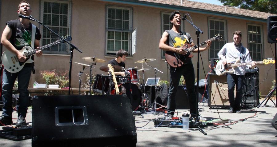 Photo by Ana Perez Tangent Transmission performs live for Daniel Pearl Magnet High School students on Earth Day during an extended lunch period to kick off the week of CST testing.