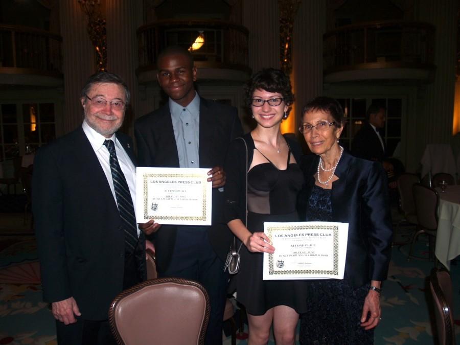 Dr. Judea Pearl, Opinion Editor Patrick Avognon Jr., Editor-in-Chief Elitza Batchiyska, and Ruth Pearl at the Los Angeles Press Club Awards in June 2013. 