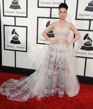 Katey Perry shows her love for music with her red carpet gown. Photo by grammy.com