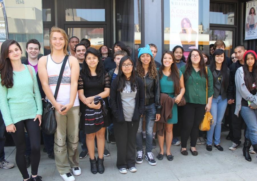 Students from Daniel Pearl Magnet High School line up in front of the Saban Theatre in Beverly Hills after watching the Gay Mens Chorus of Los Angeles perform for their It Gets Better Tour.