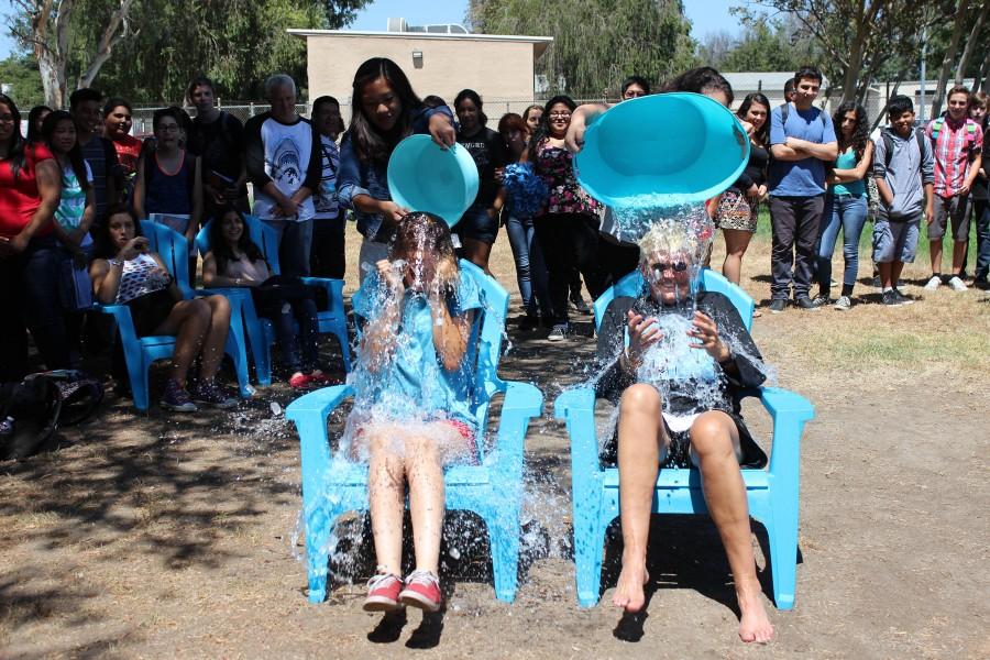 Student Body Vice President Ana Perez and Principal Deb Smith took the Ice Bucket Challenge during Fiesta Friday. Another challenge will take place at the next Fiesta Friday, which will be in two weeks. Photo by Hailey Pohevitz