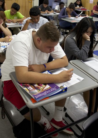 Sophomore Sean Kraizberger studies in English from the new SpringBoard curriculum which prepares students to take Advanced Placement classes. Photo by Jordan Rubin