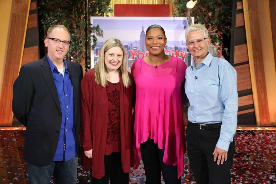 MAY
Dan Gorski, music teacher Jackie Gorski, Queen Latifah and Principal Deb Smith gather after having talkshow host Latifah honor and award Jackie Gorski a seven-day trip to New York City. Four students, seniors Rusel Ramirez, Julia Garcia, Alexandra Obiekia and Victoria Cook, were chosen by Smith to be interviewed by the Queen Latifah field team for the best wishes segment of the show.
