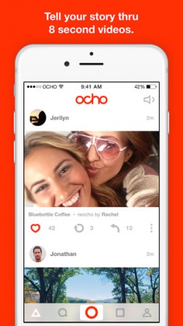 Screenshot from the iTunes Apple store.  Users on “Ocho” can share their 8-second video, share it on the new social media app and reply with eight second videos. 