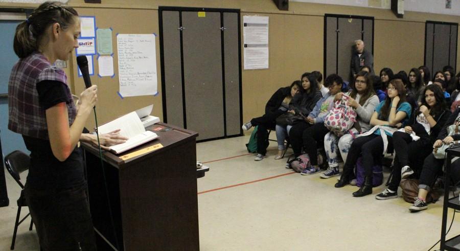 Author Sarah Skilton talks during a December presentation to DPMHS students about her novels.