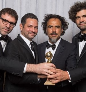 Nicolás Giacobone, Alexander Dinelaris, Alejandro González Iñárritu and Armando Bo won a Golden Globe for their screenplay of "Birdman." Photo from goldenglobes.com