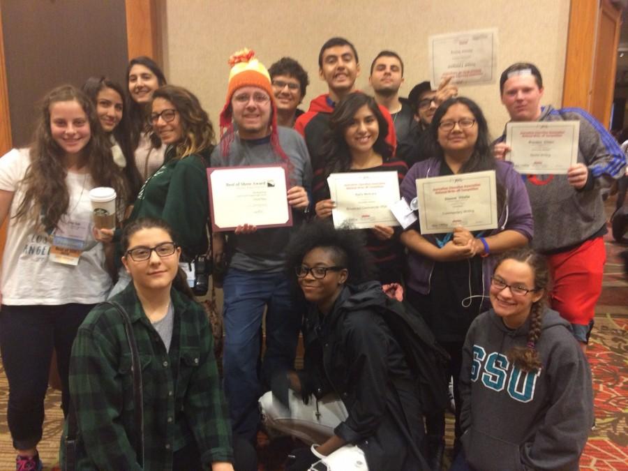 Back row: Veronica Godoy, Rita Chidbachian, Nick Simonini, Joseph Mousaed, Mher Mkrtchian, Yousef Fatehpour and Brandon Gilden.
Second row: Illana Gale, Ana Perez, Chris Bower, Karla Mendrano, and Dianne Villalta.
Front row: Jacqueline Tatulyan, Taylor Murray, and Rebekah Spector. 
Journalism students take a group photo after the National Spring Convention awards ceremony.  Gilden, Medrano, Fatehpour and Villalta all received awards.