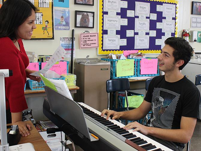  Juniors Alessandra Silva and Daniel Seidman, creators of the club, share their own tastes in music. The Exploring Music 101 Club meet every other Monday, where they share their favorites generes or songs. The club hold its meetings in music teacher Jackie Gorki’s room at lunch.