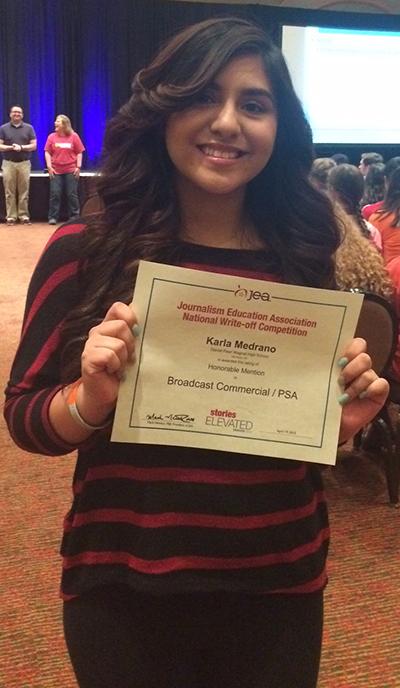 Senior Karla Medrano’s PSA “Peer Pressure” received an award for Best School Information and an honorable mention at the JEA/NSPA convention.