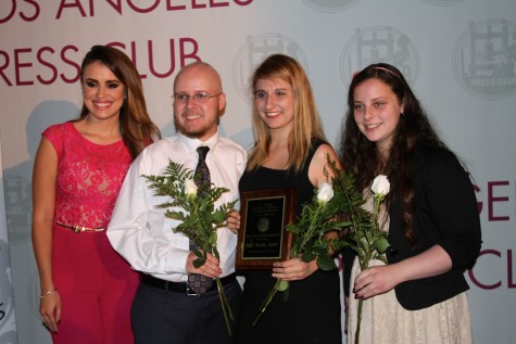 Press Club Board Member Carolina Sarassa, Former Online Editor-in-Chief Christopher Bower, Former Print Editor-in-Chief Natalie Moore and Print Editor-in-Chief Ilana Gale stand with the first place plaque after the winner for Best High School Newspaper was announced. Photo from the Los Angeles Press Club