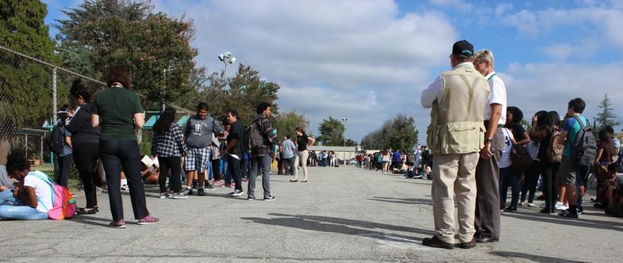 Students participated in the Great California Shakeout Drill on Thursday morning. Science teacher Stephen Schaffter and Principal Deb Smith discuss the exercise in preparation for The Big One. 
