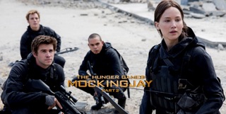 Sam Claflin as Finnick Odair,  Liam Hemsworth as Gale Hawthorne, Evan Ross as Messalla and Jennifer Lawrence as Katniss Everdeen (left to right).