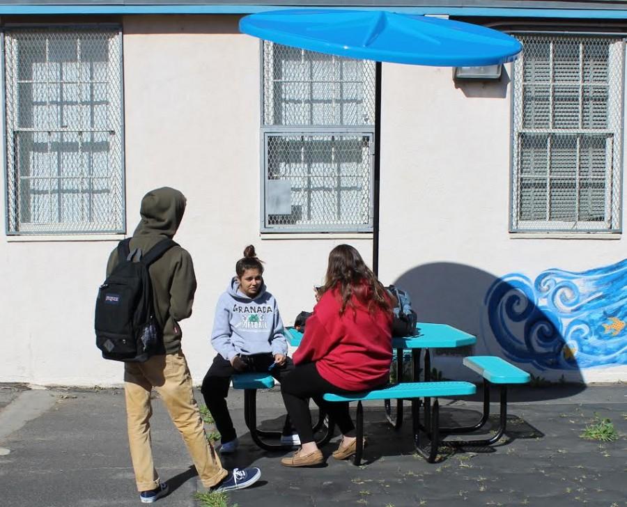 Senior+Jordan+Rubin%2C+junior+Valeria+Sanchez+and+senior+Alina+Somoundjian+sit+in+the+sun+despite+the+newly+established+umbrellas.