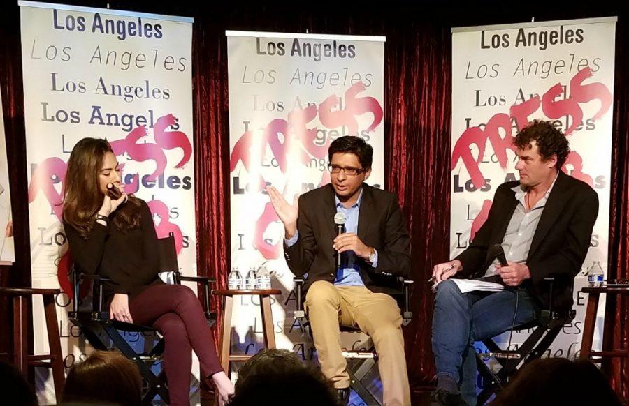 (Left to Right) Journalists Amal Khan, Aoun Sabbas Sahi and Rob Eshman sit upon a stage at the Views On America event discussing coverage in Pakistan on Aug. 11.