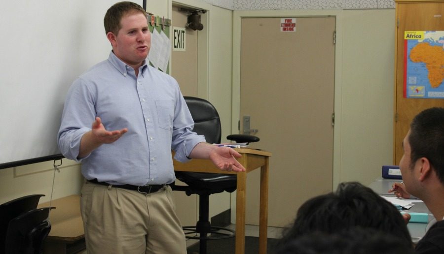 New social studies teacher Brent Abelson teaches his world history during his first week on the job. 