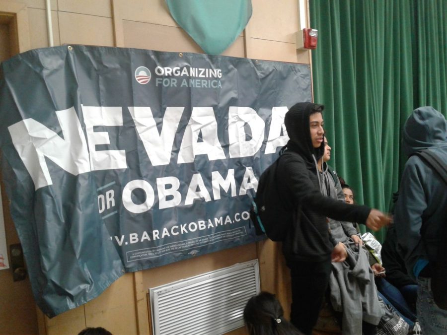 Social Studies teacher Brent Abelson brought his own poster stating Nevada for Obama.