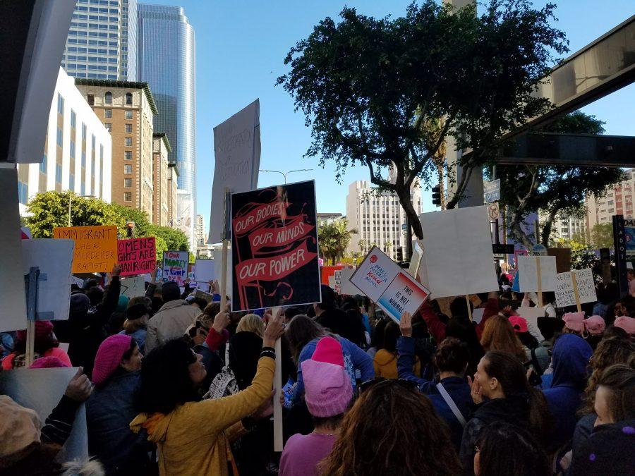 Protest gather around Pershing Square for the Los Angeles Womens March.