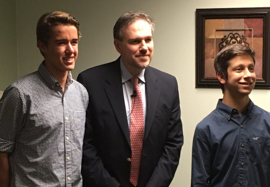 Sophomore Zachary Gephart-Canada, Wall Street Journal columnist Bret Stephens and sophomore Michael Chidbachian pose for a picture before the 2017 Daniel Pearl Memorial Lecture.