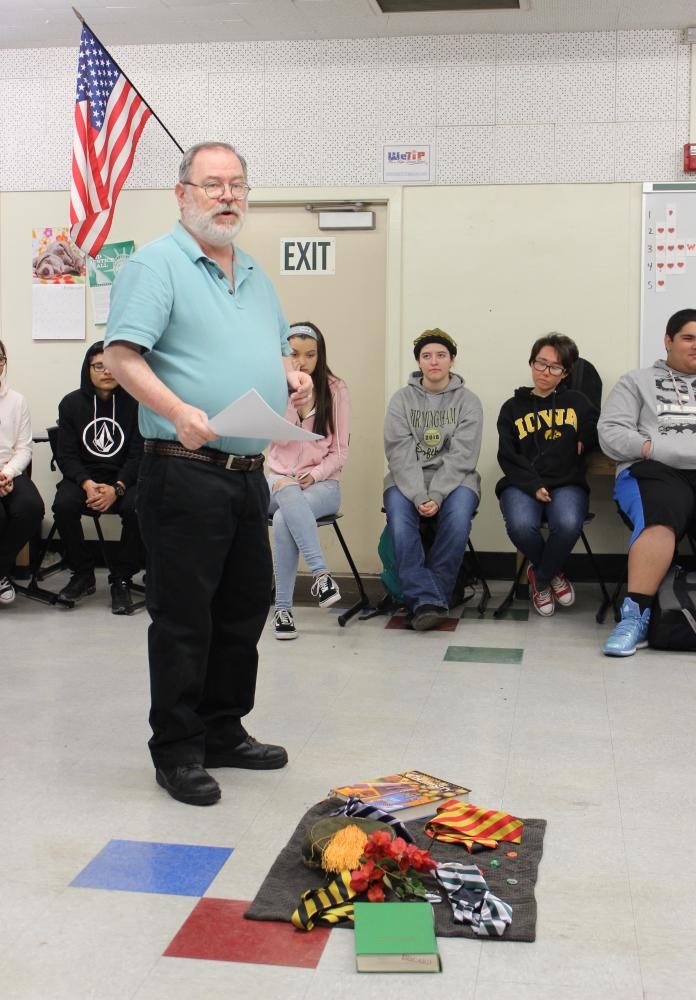 Science teacher Stephen Schaffter introduces his period three physics class to the restorative justice program that will be implemented at this school in the fall. 