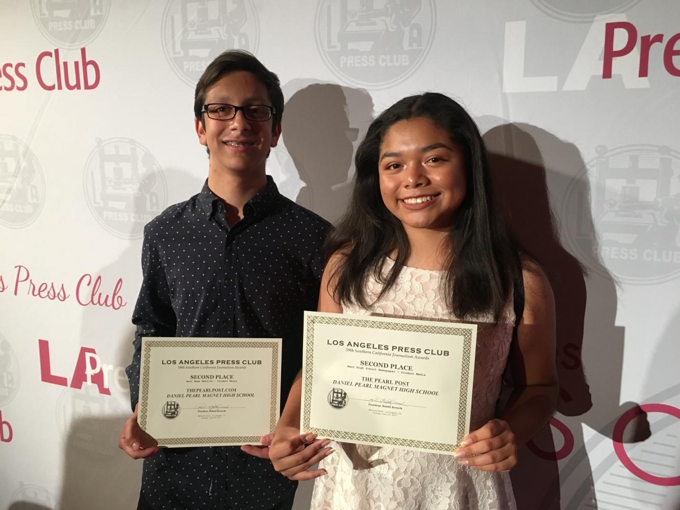 Editors Michael Chidbachian and Kirsten Cintigo after receiving second place for both the online and print publications at the 2017 SoCal L.A. Press Club Awards in June 2017.