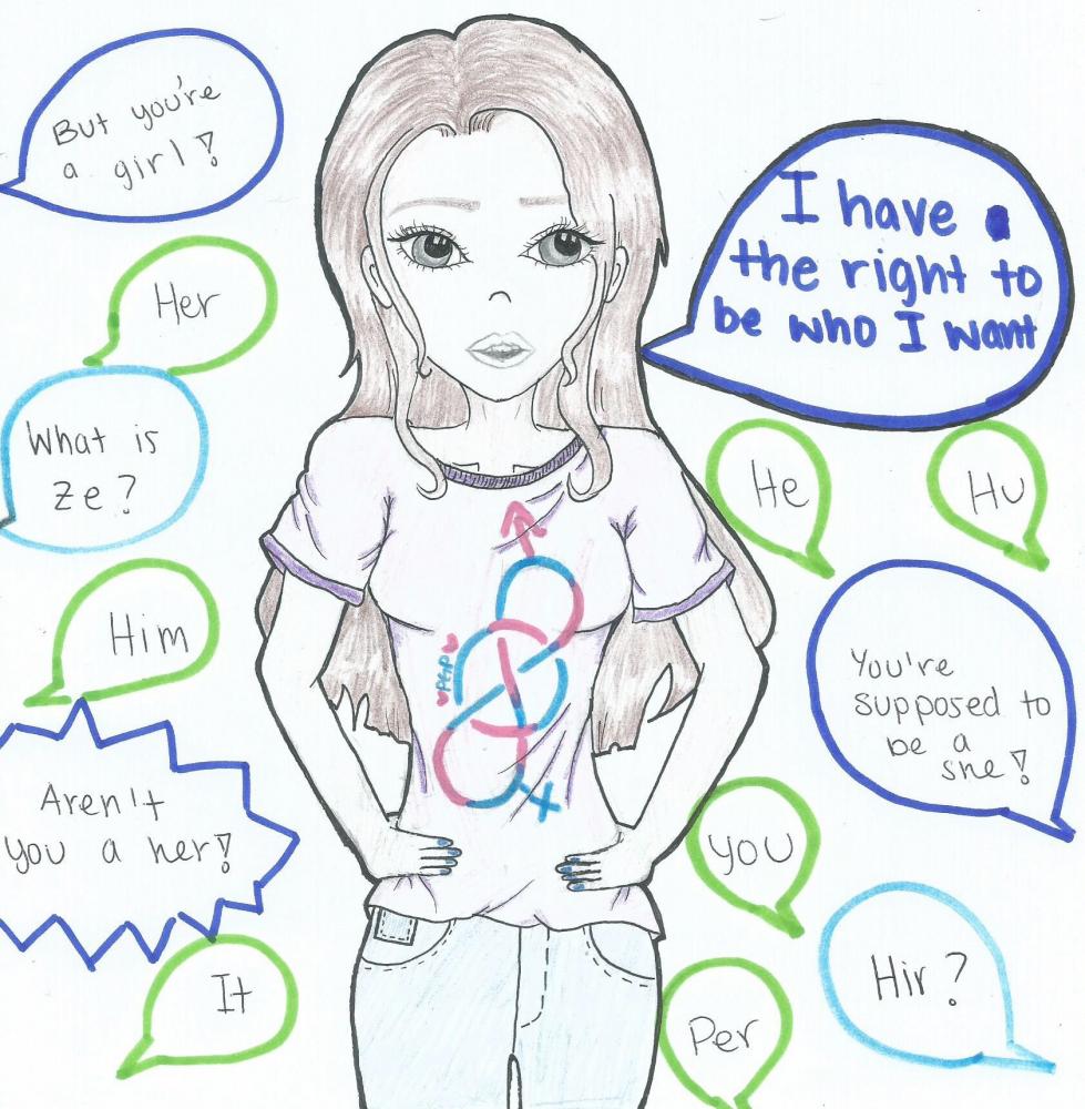 A student is wearing a shirt that holds the symbol for gender neutrality and multi-gender, while surrounded by preferred gender pronouns and the contradiction of others.