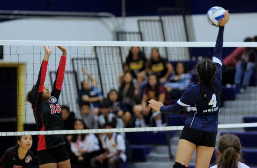 Sophomore Keona Paniagua blocks an opposing hit during the Birmingham Lady Patriots game against the Verdugo Lady Dons.
