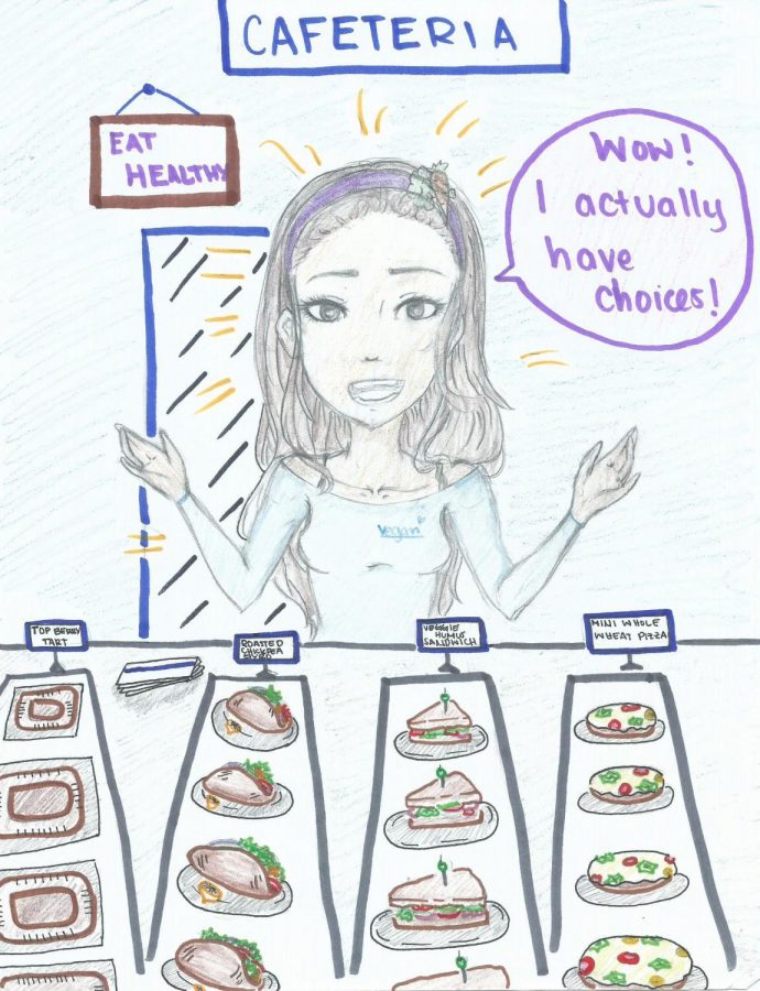 A student sarcastically expresses that she finally has options for vegan food, symbolizing the fact that there should be more vegan food food choices in the cafeteria.