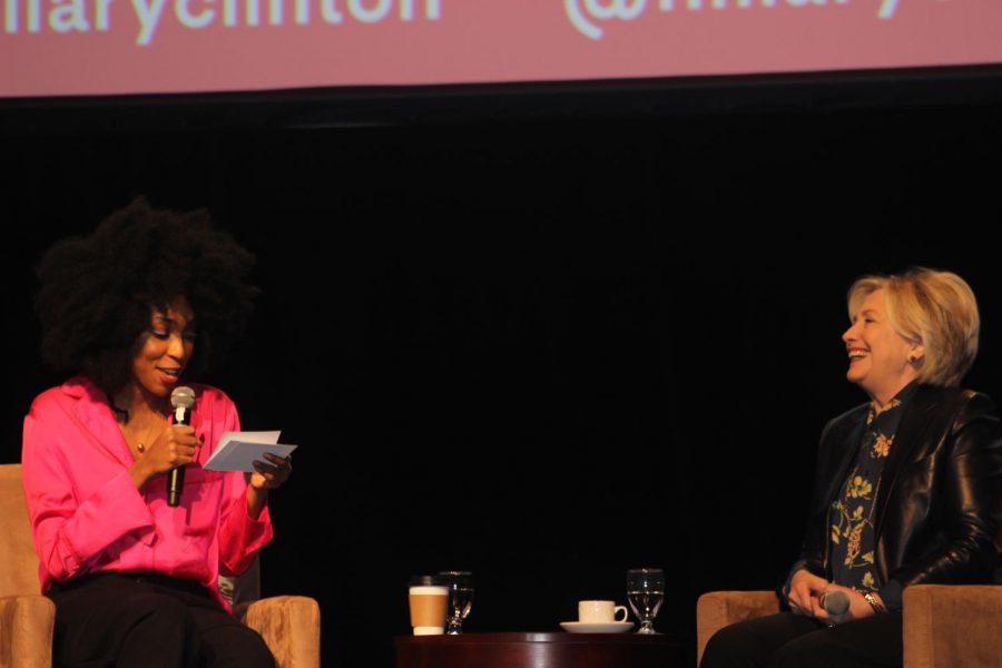 Comedian Jessica Williams interviews former secretary of state Hillary Rodham Clinton as the highlight segment of the GirlsBuildLA leader summit at the Los Angeles Convention Center on Dec.15, 2017.