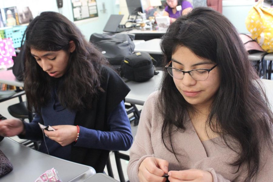 Juniors Vanessa Rizo and Alishon Raymundo practice sewing during the club meeting.