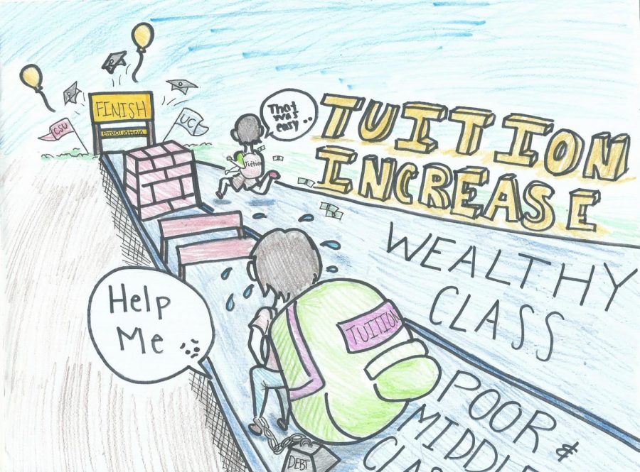 This cartoon symbolizes how the hike in tuition fee will affect students who are both entering and studying at current UCs and CSUs. The issue of raising tuition fees wont be voted on until May.