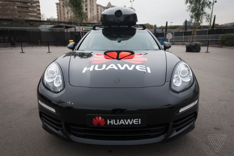 The camera on top of this Porsche Panamera feeds information to Chinese company Huawei’s Mate 10 Pro smartphone.