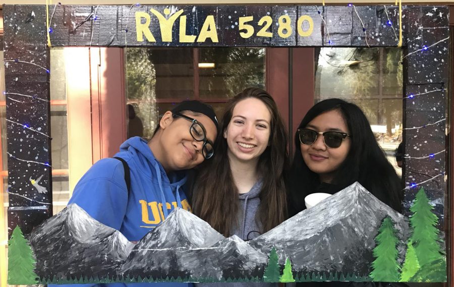 Juniors Hailee Kessler and Karina Mara pose with a friend they met at the Rotary Youth Leadership Assembly in Blue Jay, California, on April 29.