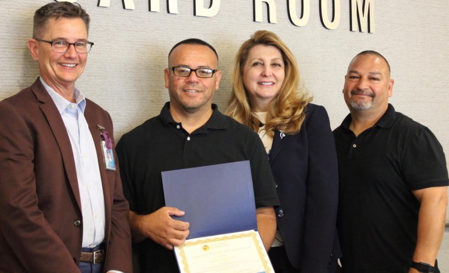 Custodian Juan Amezcua (second to the left) was awarded  the 2018 Exemplary Classified Employee of the Year at the Los Angeles Unified School District board meeting on May 8.