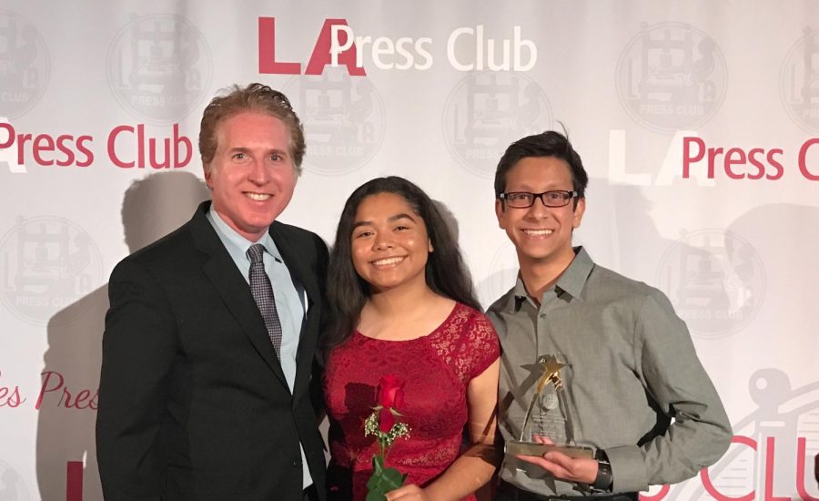 LA Press Clubs President Chris Palmeri poses with Print Editor-in-Chief Kirsten Cintigo and Online Editor-in-Chief Michael Chidbachian after accepting first place for Best High School Newspaper.