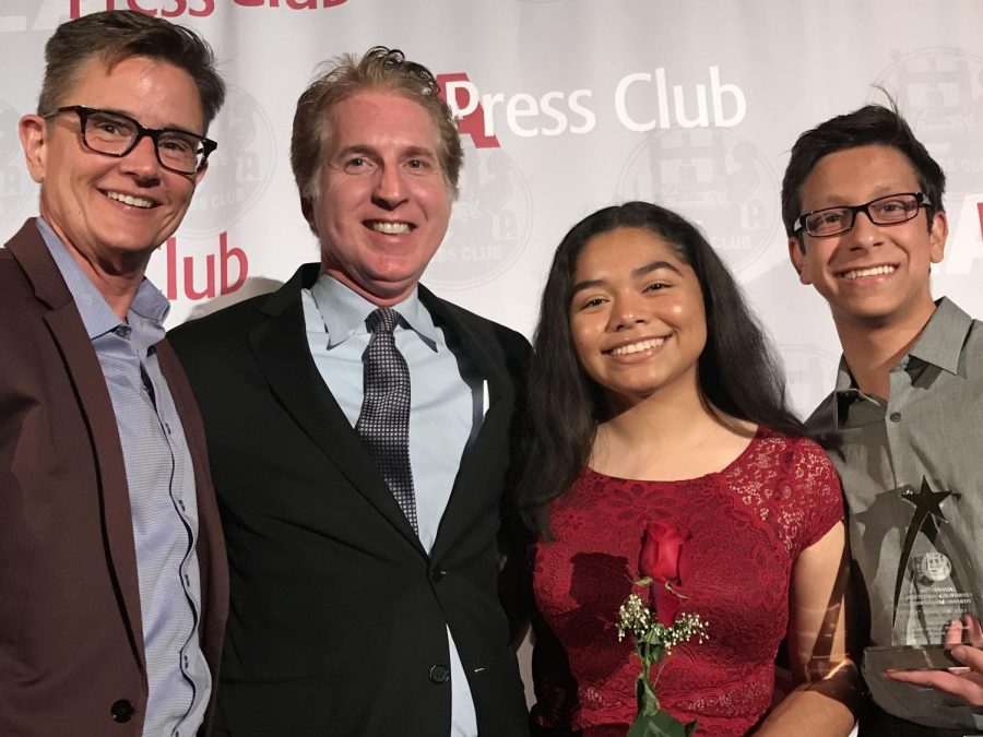 Principal+Deb+Smith%2C+LA+Press+Club+President+Chris+Palmeri+and+editors+Kirsten+Cintigo+and+Michael+Chidbachian+accept+the+award+for+Best+High+School+Newspaper.