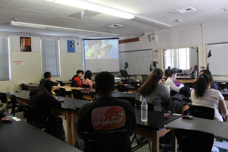 Students gather in Room 6 during the anime portion of Anime and Gaming Club, which meets on Thursdays during lunch.