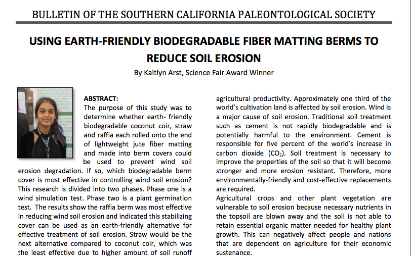 A screenshot of the first page of senior Kaitlyn Arts article published in the Southern California Paleontological Society. 