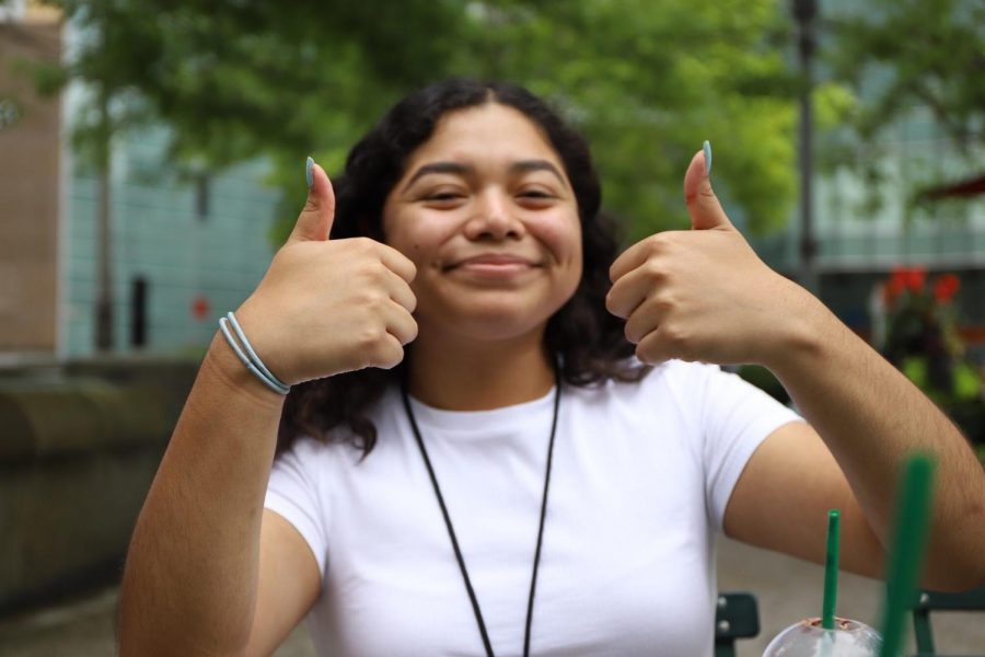 Editor-in-Chief Kirsten Cintigo poses after finishing her interviews for her story.