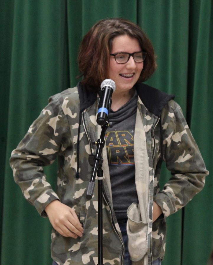 Sophomore Stephanie Pynes shares her own poem at the Get Lit! assembly on Nov. 15.