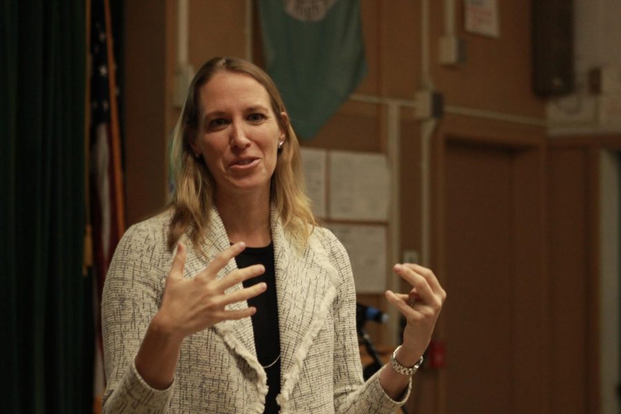 Senior vice president and general manager of Fox Sports West/Prime Ticket and Fox Sports San Diego regional sports networks, Lindsay Amstutz dropped by Daniel Pearl Magnet High School to speak up about a an upcoming event for all girls to support the Gender Equality Conference on Nov. 27.