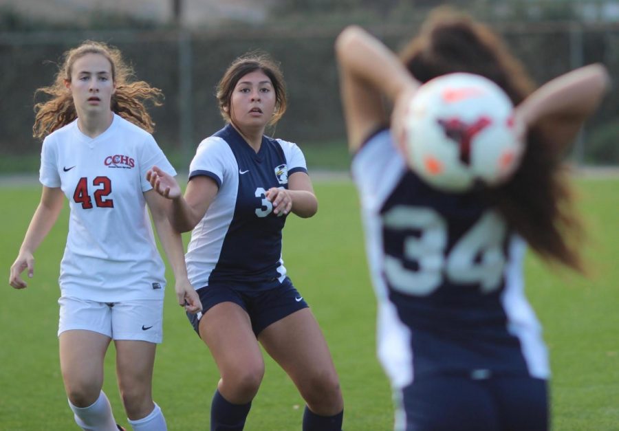 Junior Rosalinda Nava prepares to receive the ball during a varsity soccer game against Cleveland Charter High School on Jan. 30.