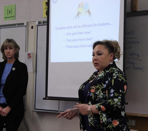 Sandra Rodriguez and Kari Rosson explain to teachers what changes should be made in the following years on April 10. 