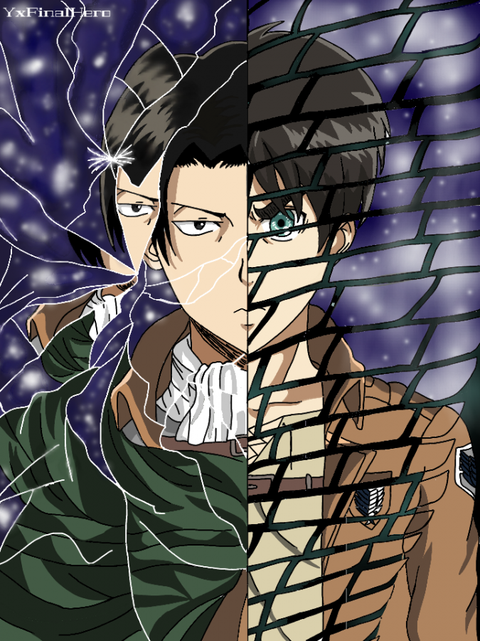 Characters Levi Ackerman and Eren Jaeger drawn side by side.