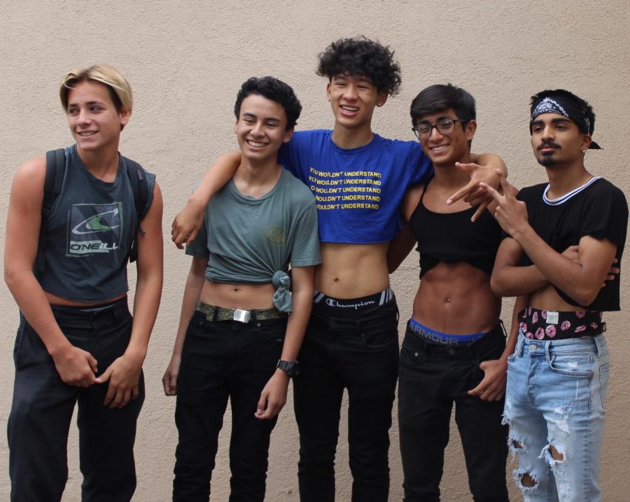 Sophomore Yoni Zelig, Diego Hernandez, Cameron Frank, Derek Calderon, and junior Om Patel show their support of the Stop Sexualizing Students protest by wearing crop tops on Sep. 26