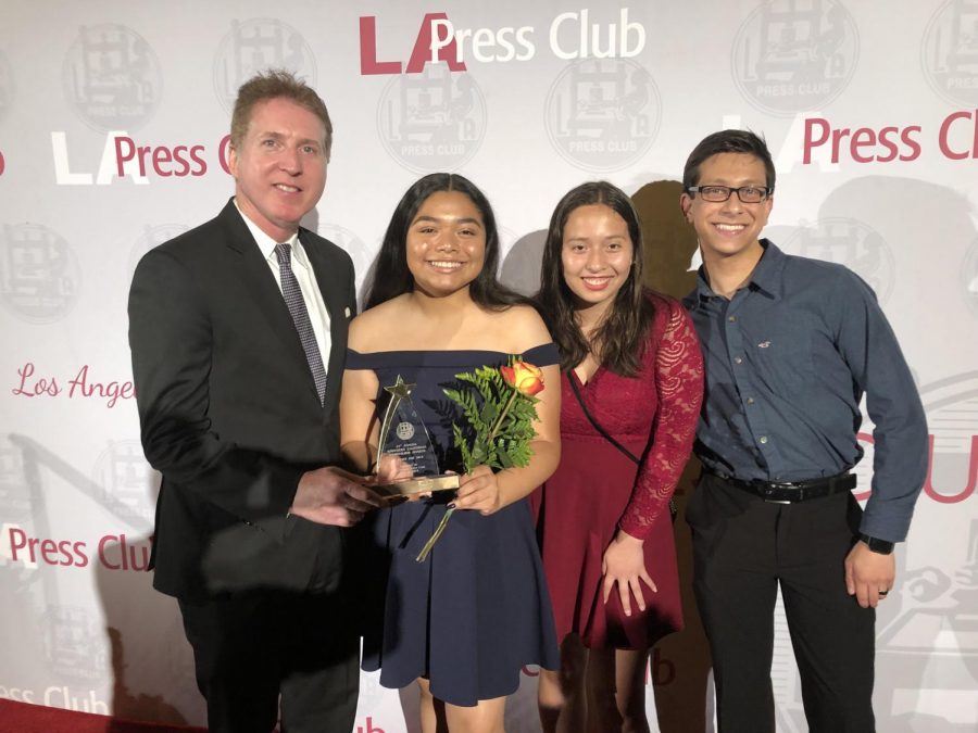 The Los Angeles Press Club President Chris Palmeri joins former Print Editor-in-Chief Kirsten Cintigo, Staff Writer Itzel Luna and former Online Editor-in-Chief Michael Chidbachian after The Pearl Post was named 