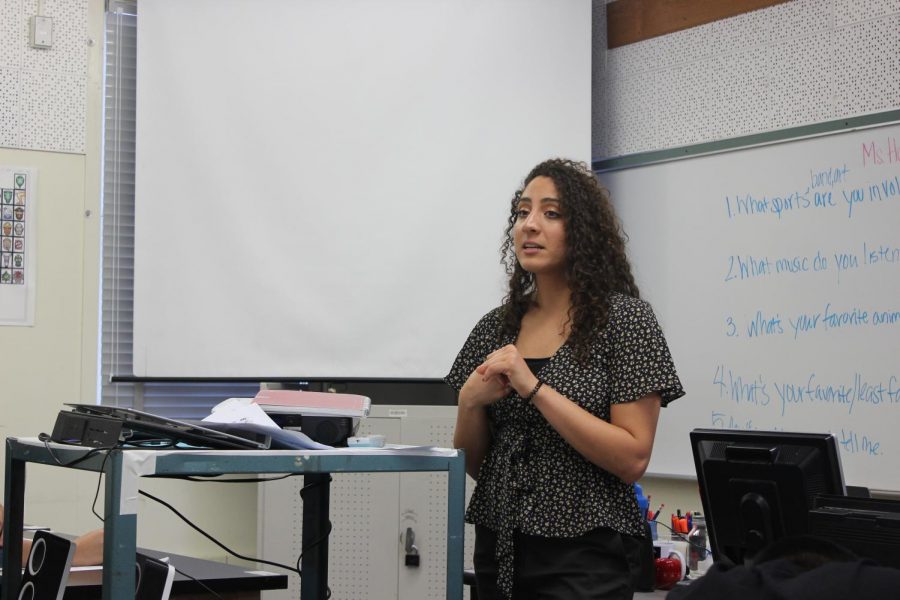 New science teacher Mayada Hatamleh speaks to her Period 5 class on the first day of school on Aug, 20.