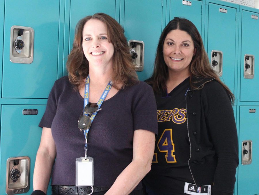 Psychiatric Social Worker Joanne Tuell and Principal Pia Damonte wear Lakers relaterd gear to commemorate Kobe Bryant on Jan. 31. Lakers Day was changed from Character Day for Kobe Bryants honor.