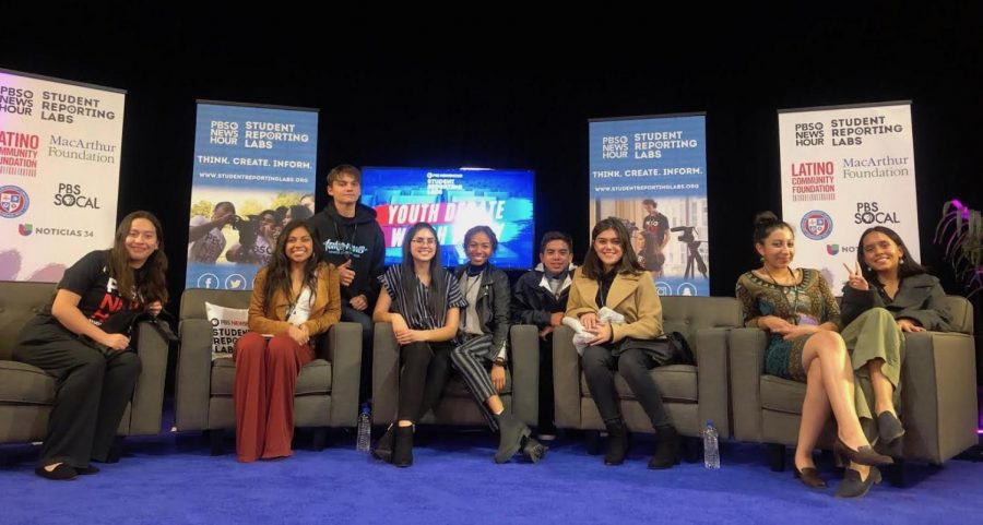 The Pearl Post staff takes a photo at the PBS NewsHour Student Reporting Labs democratic debate after show stage at Loyola Marymount University on Dec. 19.