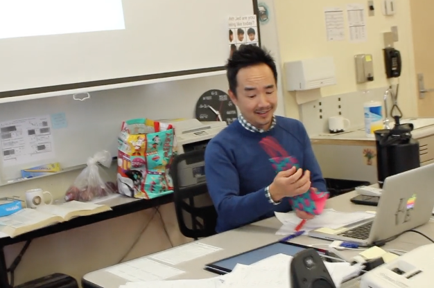 Staff Writer Sara Marquez surprises math teacher Mr. Duke with an early Valentine's Day gift.